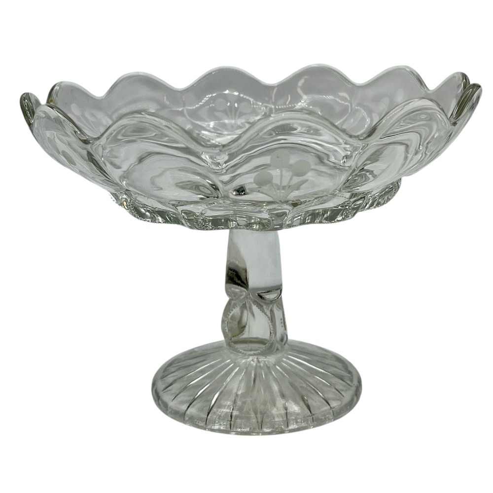 Vintage Clear Glass Pedestal Candy Dish‎ Compote Bowl Floral Etched
